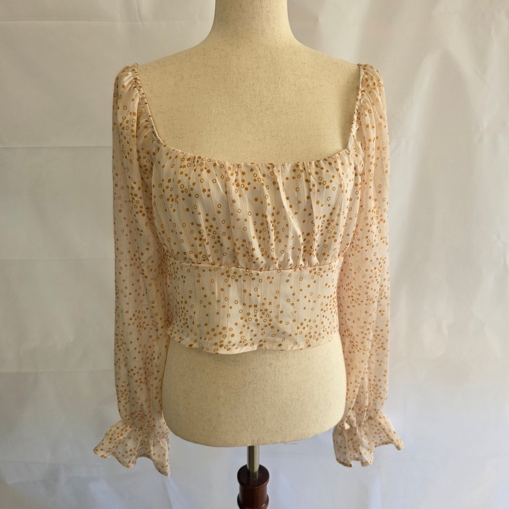 Mi Ami Women Cream Mustard‎ Star Print Smocked Back Crop Top Long Sleeve Large